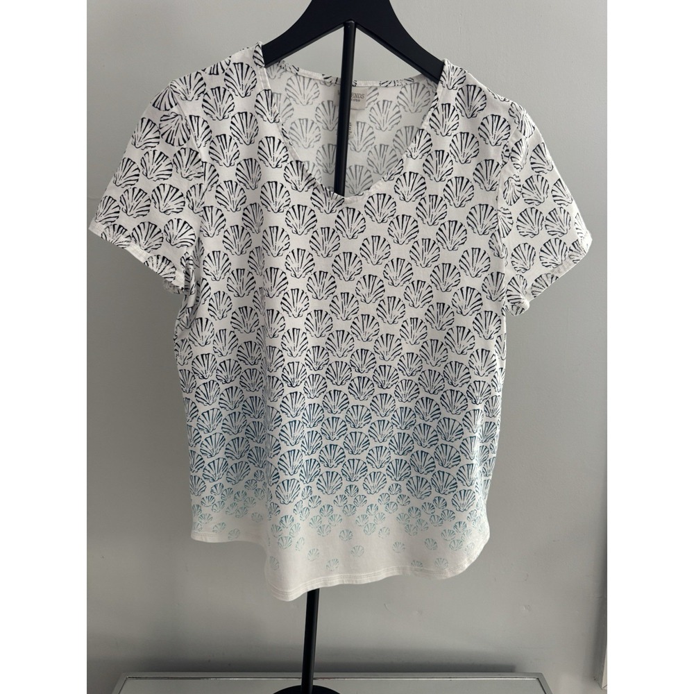 Women’s Shell-Print Short Sleeve Top - White & Navy -